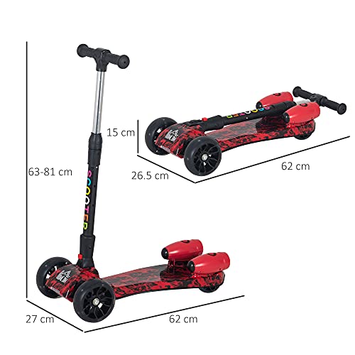 HOMCOM Patinete de 3 ruedas para niños, altura ajustable con ruedas intermitentes, diseño plegable de música en spray de agua, para vehículos de 3 a 8 años, color rojo