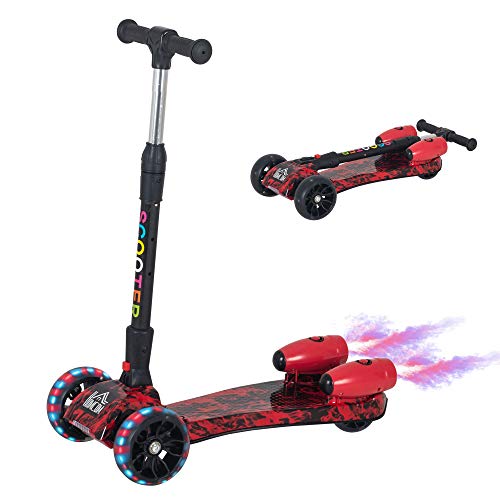 HOMCOM Patinete de 3 ruedas para niños, altura ajustable con ruedas intermitentes, diseño plegable de música en spray de agua, para vehículos de 3 a 8 años, color rojo