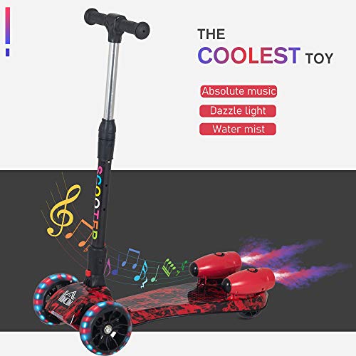 HOMCOM Patinete de 3 ruedas para niños, altura ajustable con ruedas intermitentes, diseño plegable de música en spray de agua, para vehículos de 3 a 8 años, color rojo