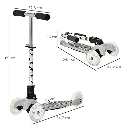 HOMCOM Patinete para Niños de +3 Años Plegable Patinete 3 Ruedas con Luces LED Manillar Altura Ajustable y Freno Posterior Carga Máxima 50 kg 54,7x32,5x59-69 cm Gris