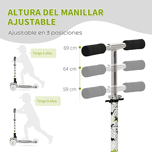 HOMCOM Patinete para Niños de +3 Años Plegable Patinete 3 Ruedas con Luces LED Manillar Altura Ajustable y Freno Posterior Carga Máxima 50 kg 54,7x32,5x59-69 cm Gris