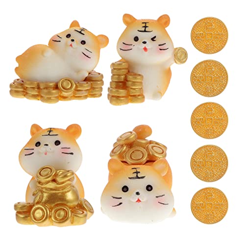 Homoyoyo 9Pcs Figuras de Tigre en Miniatura con Monedas de Oro Mini Estatuas de Animales Zodiaco Chino Buena Suerte Escultura Animal Topper para Jardín de Hadas Casa de Muñecas Decoración