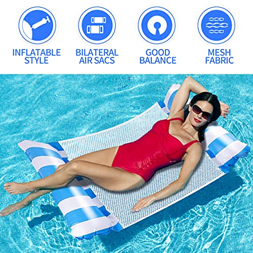 HONGECB Hamaca de Agua Colchoneta Hinchable, Cama Flotante de Agua Plegado, Hamaca de Agua 4 en 1, Hamaca Inflable Flotante Multiusos para Piscina para Adultos & niños, Rayas Azules