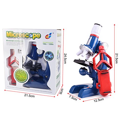 HONPHIER Niños Microscopio Kit Scienza Microscopio Bambini 100x 400x 1200x Microscopio con LED Luci Teléfono Soporte Ajustable Kit de Microscopio para Estudiantess