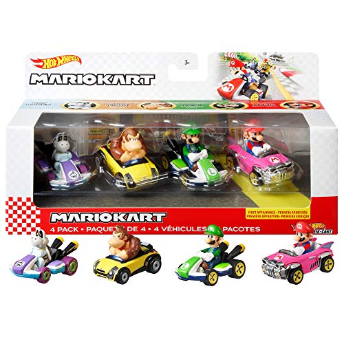 Hot Wheels Mario Kart Primera Aparición Pack con 4 Mini Coches de Juguete con Personaje + Yoshi, Vehiculos, Coche de Juguete (Mattel GBG29) , Color/Modelo Surtido