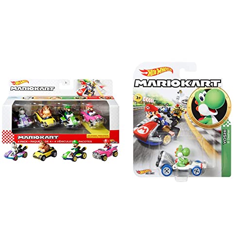 Hot Wheels Mario Kart Primera Aparición Pack con 4 Mini Coches de Juguete con Personaje + Yoshi, Vehiculos, Coche de Juguete (Mattel GBG29) , Color/Modelo Surtido