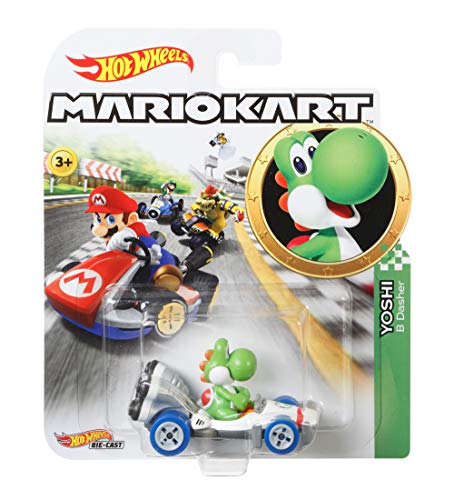 Hot Wheels Mario Kart Primera Aparición Pack con 4 Mini Coches de Juguete con Personaje + Yoshi, Vehiculos, Coche de Juguete (Mattel GBG29) , Color/Modelo Surtido