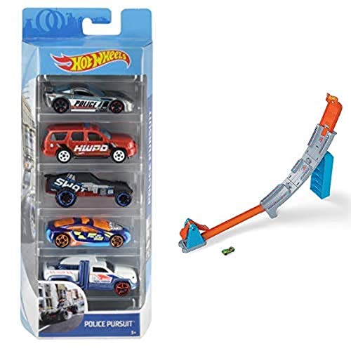 Hot Wheels Pack de 5 vehículos, Coches de Juguete + Hill Climb Champion Pista y rampa de Coches de Juguete para niños +4 años