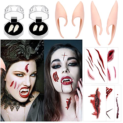 HOWAF 2 Pares Orejas de Elfo + 2 Pares Dientes de Vampiros, Orejas + Halloween Zombi Cicatrices Tatuajes Fiesta de Halloween Disfrazar para Adultos Cosplay Halloween Carnaval Accesorios