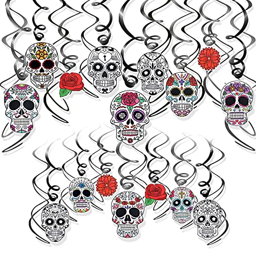 HOWAF Decoración del Día de los Muertos, 30pcs Día de los Muertos Calavera Colgante Remolino Decoraciones de Techo Espiral guirnaldas para el Cinco de Mayo, Fiestas mexicanas, Decoración Halloween