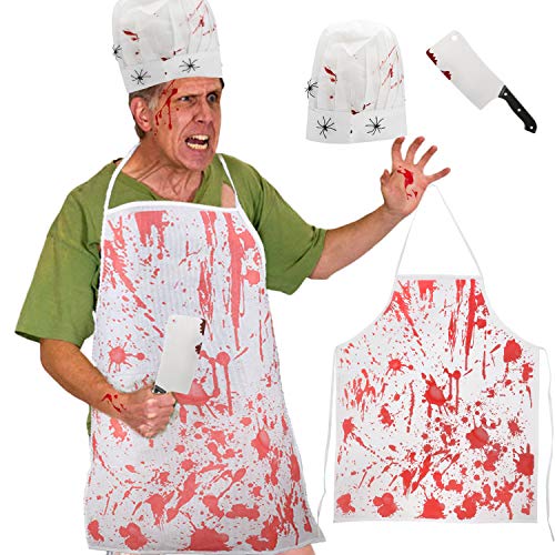 HOWAF Halloween Carnicero Disfraz Kit, Terror Halloween Decoración Delantal Carnicero Zombies y Chef Sombrero Cuchillo de Arma Halloween Costume Maquillaje Props