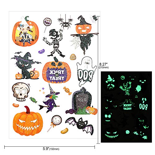 HOWAF Halloween Tatuaje Luminoso,Tatuajes Temporales de Halloween Falso Tatuajes Pegatinas para Niños niñas Decoración Infantiles Fiesta de Halloween cumpleaños de niños Regalo