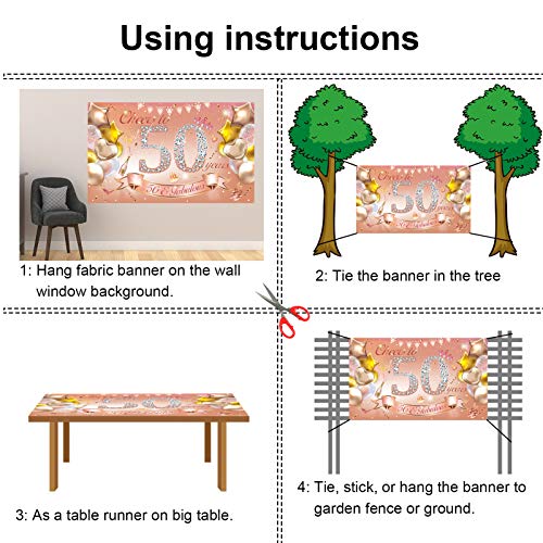 HOWAF Mujer 50 Cumpleaños Decoración Oro Rosa, Mujer 50 Cumpleaños Pancarta de Tela para 50 Años Telón de Fondo, 50 Cumpleaños Pared Jardín Decoración, 50 Cumpleaños Interior Exterior Decoración