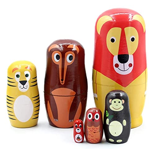 HUANHUI Matryoshka del Ruso Matrioskas Lindo León Lobo Tigre Mono Búho Ardilla Animal Ruso Anidación Muñecas Matryoshka Muñeca Conjunto 6 Piezas Hecho A Mano Muñecas Matrioska