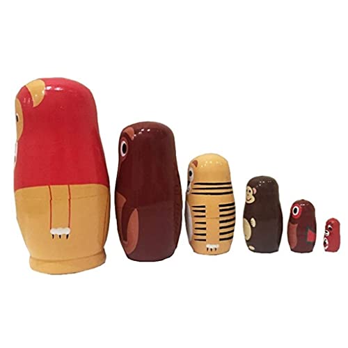 HUANHUI Matryoshka del Ruso Matrioskas Lindo León Lobo Tigre Mono Búho Ardilla Animal Ruso Anidación Muñecas Matryoshka Muñeca Conjunto 6 Piezas Hecho A Mano Muñecas Matrioska