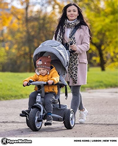 HyperMotion Triciclo para niños con mango de control para padres, Tobi Spiner, con cinturón de seguridad, sillín cómodo, ruedas hinchables, primera bicicleta para niños y niñas, color gris