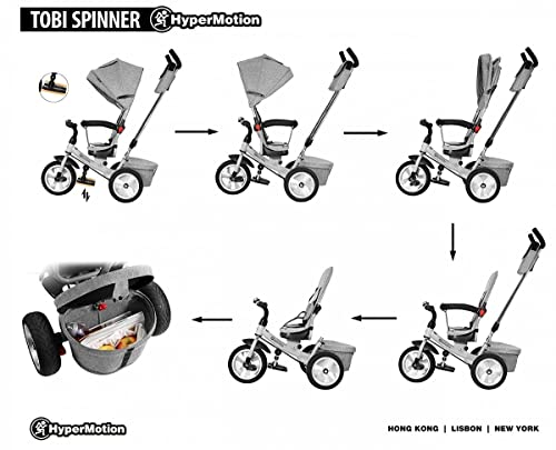 HyperMotion Triciclo para niños con mango de control para padres, Tobi Spiner, con cinturón de seguridad, sillín cómodo, ruedas hinchables, primera bicicleta para niños y niñas, color gris