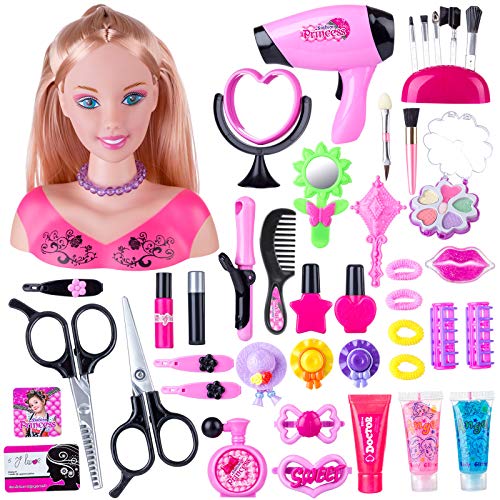 HYZH Juego de juguetes cosméticos, 44 piezas, peluquería con secador de pelo, maquillaje para niños, pretend Playset Styling cabeza muñeca peinados juguetes