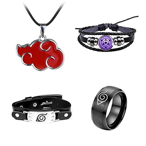 I3C Anime Cosplay Accesorios Set: Anillo con Símbolo Konoha+Pulsera de Sharingan+Pulsera de Cuero con Símbolo Konoha+Colgante Nube Roja para Hombre Mujer Fan del Anime (4 Unidades)