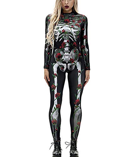 Idgreatim - Disfraz de Halloween para mujer, estampado en 3D, manga larga, ajustado, con diseño de esqueleto, traje de cosplay