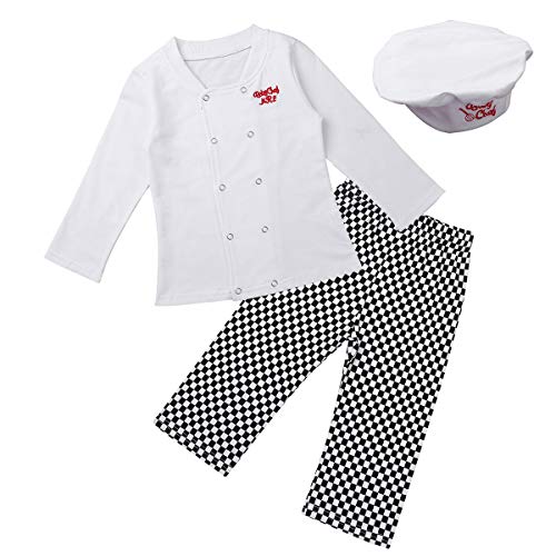 IEFIEL Disfraces de Cocinero de Fiesta Carnaval Navidad para Bebé Niña Niño 3Pcs Camiseta Chef+ Pantalones + Gorro Cocinero Blanco 12-18 Meses