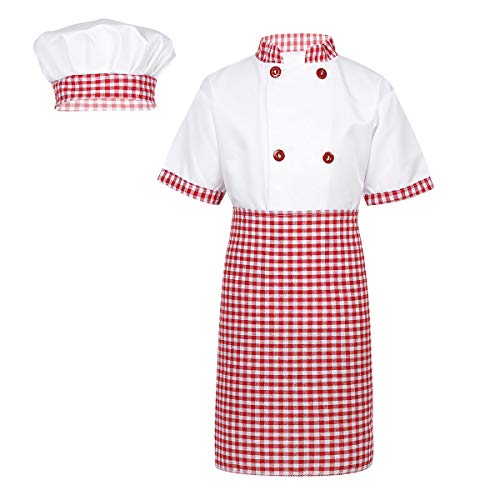 IEFIEL Unisex Disfraz de Cocinero Chef para Niño Niña Traje de Pastelero Panadero Cosplay Fiesta Desfile Camiseta Blanco Delantal y Gorro 4-12 Años Rojo 8-10 Años