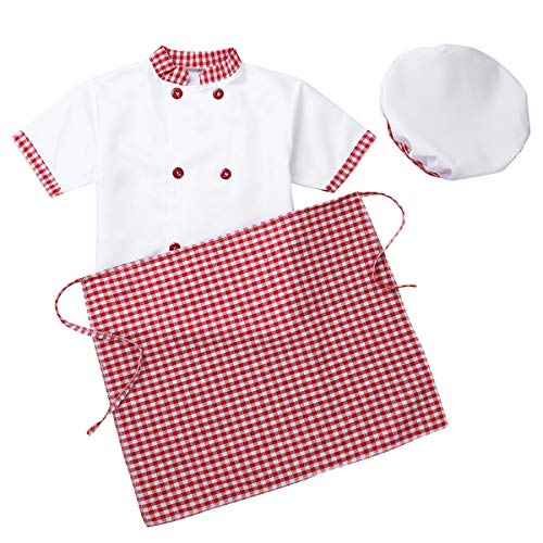 IEFIEL Unisex Disfraz de Cocinero Chef para Niño Niña Traje de Pastelero Panadero Cosplay Fiesta Desfile Camiseta Blanco Delantal y Gorro 4-12 Años Rojo 8-10 Años