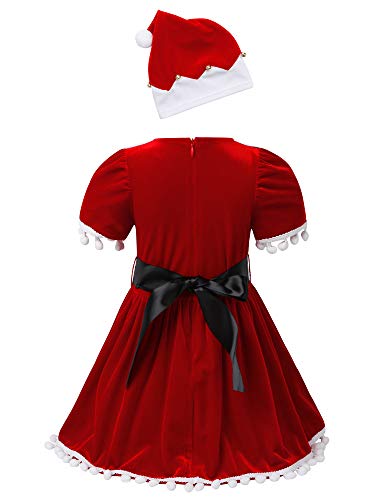 IEFIEL Vestido Invierno de Fiesta Navidad para Niñas Disfraz Papá Noel Conjuntos de Vestidos bebés Traje de Elfos Vestido Princesa Manga Corta +Gorro Santa Rojo A 5-6 años