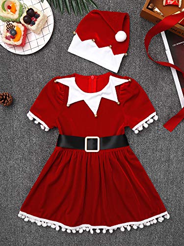 IEFIEL Vestido Invierno de Fiesta Navidad para Niñas Disfraz Papá Noel Conjuntos de Vestidos bebés Traje de Elfos Vestido Princesa Manga Corta +Gorro Santa Rojo A 5-6 años