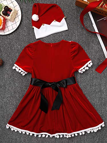 IEFIEL Vestido Invierno de Fiesta Navidad para Niñas Disfraz Papá Noel Conjuntos de Vestidos bebés Traje de Elfos Vestido Princesa Manga Corta +Gorro Santa Rojo A 5-6 años