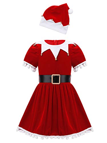 IEFIEL Vestido Invierno de Fiesta Navidad para Niñas Disfraz Papá Noel Conjuntos de Vestidos bebés Traje de Elfos Vestido Princesa Manga Corta +Gorro Santa Rojo A 5-6 años