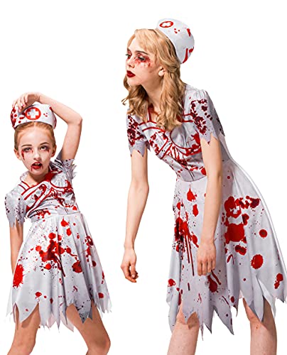 IKALI Disfraz de enfermera zombi para niña, disfraz de Halloween para niños Walking Dead, traje para mamá y yo hospital, uniforme para fiesta temática, 3 unidades