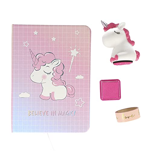 INCA. Juego de papelería niña. Unicornio rosa. Incluye: Cuaderno unicornio + Cinta adesiva LOVE + Sello unicornio + Tinta. Diario secreto niña. Regalo niña