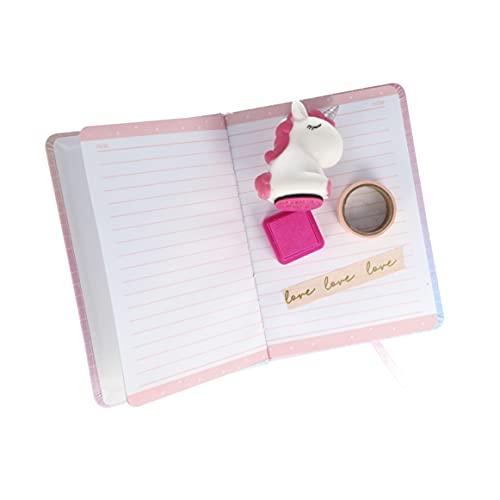 INCA. Juego de papelería niña. Unicornio rosa. Incluye: Cuaderno unicornio + Cinta adesiva LOVE + Sello unicornio + Tinta. Diario secreto niña. Regalo niña