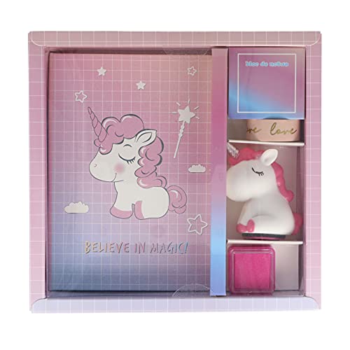 INCA. Juego de papelería niña. Unicornio rosa. Incluye: Cuaderno unicornio + Cinta adesiva LOVE + Sello unicornio + Tinta. Diario secreto niña. Regalo niña