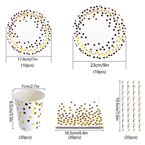 INHEMING Platos Fiesta Oro Blanco 80 Piezas Juego de Vajilla Desechable Incluye Platos Servilletas Vasos Pajitas de Papel para Cumpleaños Baby Shower Aniversarios Compromiso Navidad (20 Invitados)