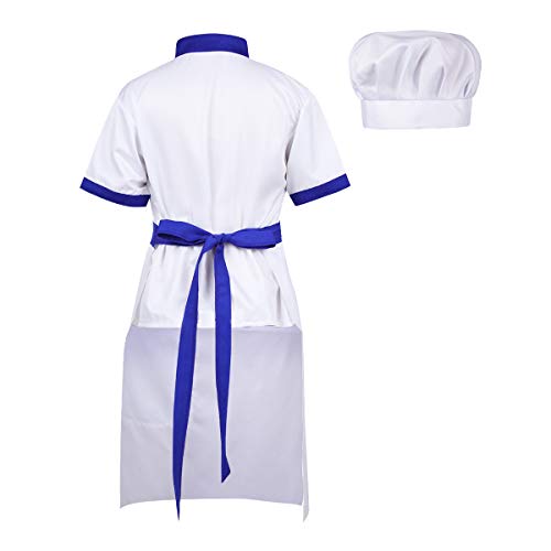 inhzoy Disfraz de Cocinero para Niños Niñas Cosplay Uniforme de Chef 3Pcs Camisa Delantal Gorro Traje de Cocina para Halloween Fiesta Carnaval Azul Y Blanco 4-5 años