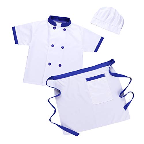 inhzoy Disfraz de Cocinero para Niños Niñas Cosplay Uniforme de Chef 3Pcs Camisa Delantal Gorro Traje de Cocina para Halloween Fiesta Carnaval Azul Y Blanco 4-5 años