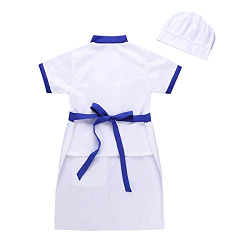 inhzoy Disfraz de Cocinero para Niños Niñas Cosplay Uniforme de Chef 3Pcs Camisa Delantal Gorro Traje de Cocina para Halloween Fiesta Carnaval Azul Y Blanco 4-5 años