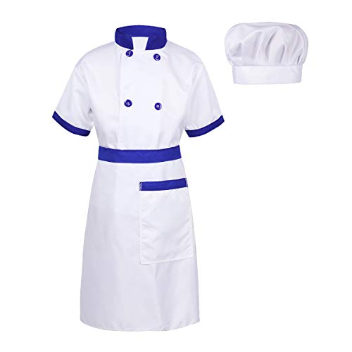 inhzoy Disfraz de Cocinero para Niños Niñas Cosplay Uniforme de Chef 3Pcs Camisa Delantal Gorro Traje de Cocina para Halloween Fiesta Carnaval Azul Y Blanco 4-5 años