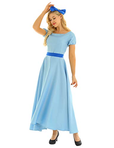 inlzdz Disfraz Wendy Adulto Cosplay Anime Vestido Princesa Manga Corta Vestido Azul Cielo Maxi Vestido Mujer Verano Disfraces para Carnaval Hallowen Fiesta Cielo Azul X-Large