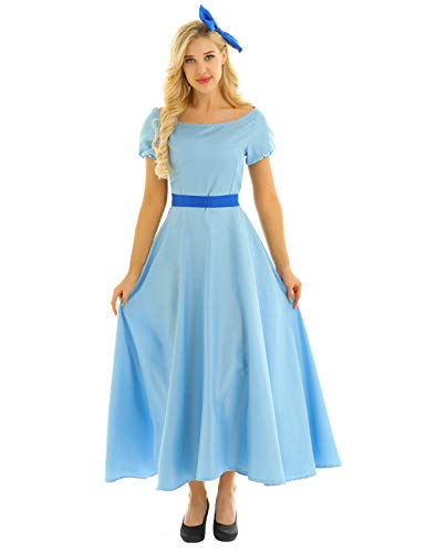 inlzdz Disfraz Wendy Adulto Cosplay Anime Vestido Princesa Manga Corta Vestido Azul Cielo Maxi Vestido Mujer Verano Disfraces para Carnaval Hallowen Fiesta Cielo Azul X-Large