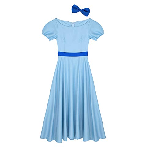 inlzdz Disfraz Wendy Adulto Cosplay Anime Vestido Princesa Manga Corta Vestido Azul Cielo Maxi Vestido Mujer Verano Disfraces para Carnaval Hallowen Fiesta Cielo Azul X-Large