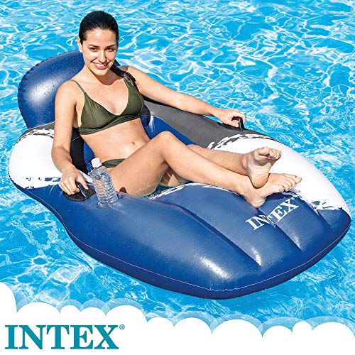 Intex 56862EU - Sillón hinchable INTEX, 104x163x51 cm, colchoneta sillón hinchable, hamaca hinchable, azul y blanco, con posavasos y asiento de malla, capacidad 100 Kg