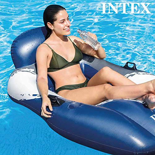 Intex 56862EU - Sillón hinchable INTEX, 104x163x51 cm, colchoneta sillón hinchable, hamaca hinchable, azul y blanco, con posavasos y asiento de malla, capacidad 100 Kg