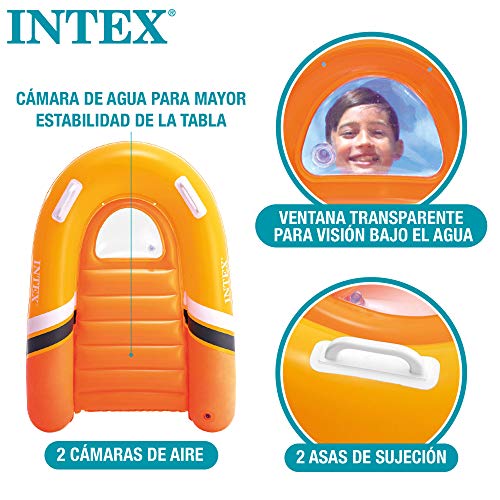 Intex 58154NP - Tabla surf niño, Tabla surf hinchable INTEX, 102x89 cm, peso máximo 40 kg, 2 asas de sujeción, color naranja, Tabla surf infantil, aprender a nadar