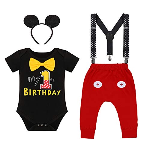 Iwemek - Conjunto de disfraz para bebé (primer y segundo, diseño de Mickey Mouse con texto en inglés "El ratón", #A: Negro Mi primer cumpleaños, 12-18 Meses