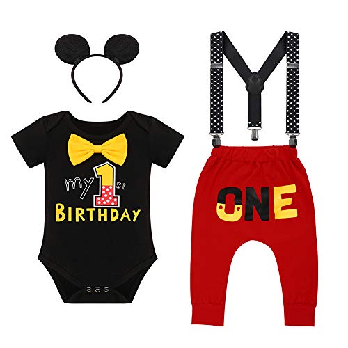 Iwemek - Conjunto de disfraz para bebé (primer y segundo, diseño de Mickey Mouse con texto en inglés "El ratón", #A: negro Mon 1 Anniversary, 12-18 Meses