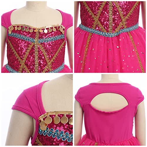 IWEMEK Disfraz Aladdin Jazmín Niña Vestidos Princesa Jasmín con Lentejuelas Niñas Pequeñas Vestido Largo Cuento Hadas Traje Parte Ceremonia Fiesta Cumpleaños Halloween Navidad Rosa 11-12 años