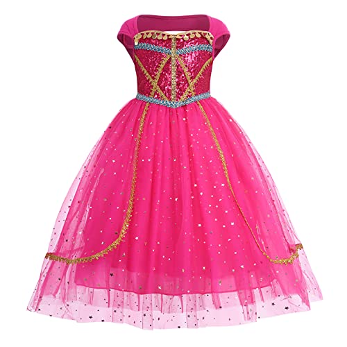 IWEMEK Disfraz Aladdin Jazmín Niña Vestidos Princesa Jasmín con Lentejuelas Niñas Pequeñas Vestido Largo Cuento Hadas Traje Parte Ceremonia Fiesta Cumpleaños Halloween Navidad Rosa 11-12 años